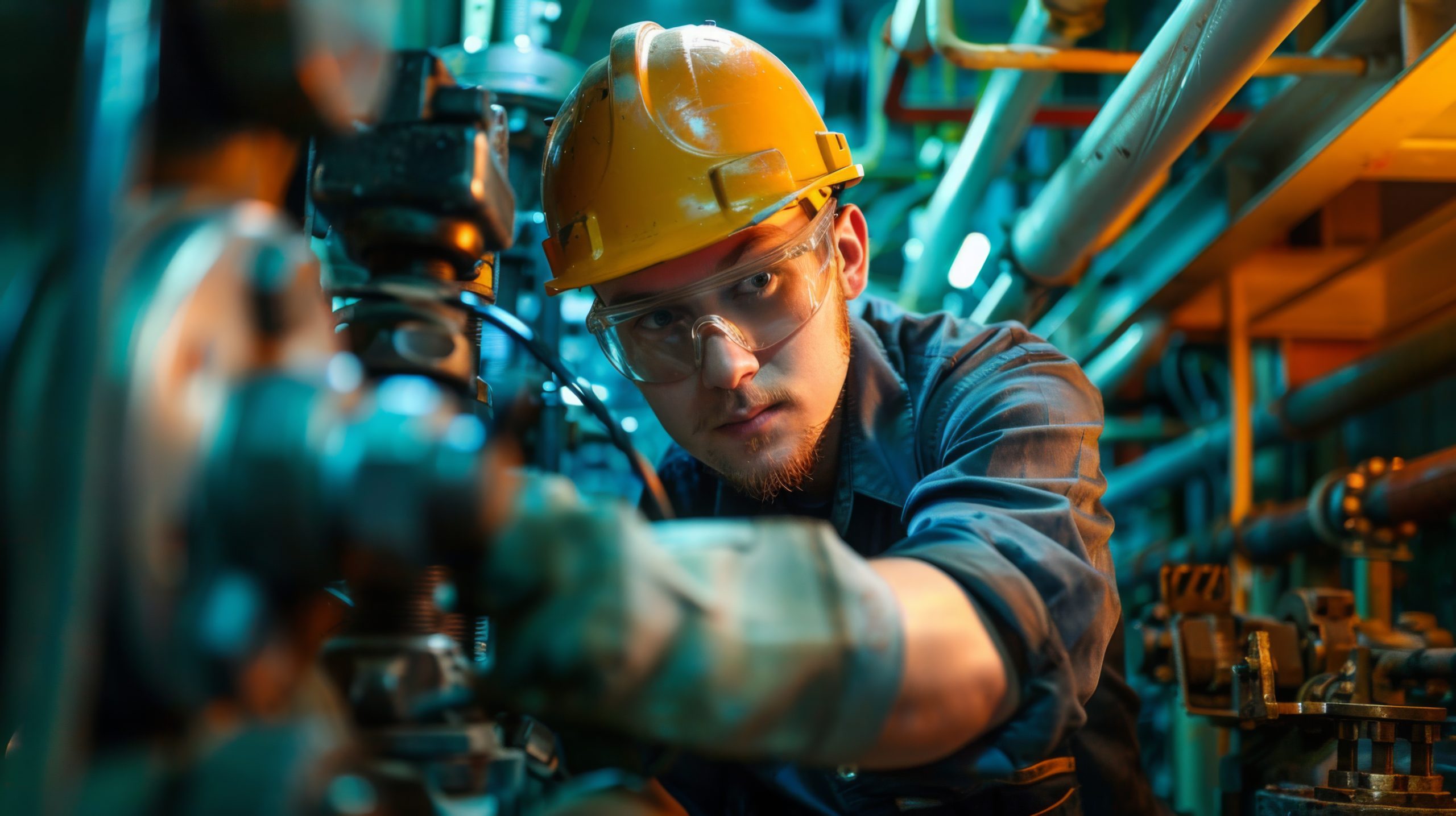 An engineer wearing a hard hat and safety glasses diligently works on machinery in an industrial facility under dim lighting.