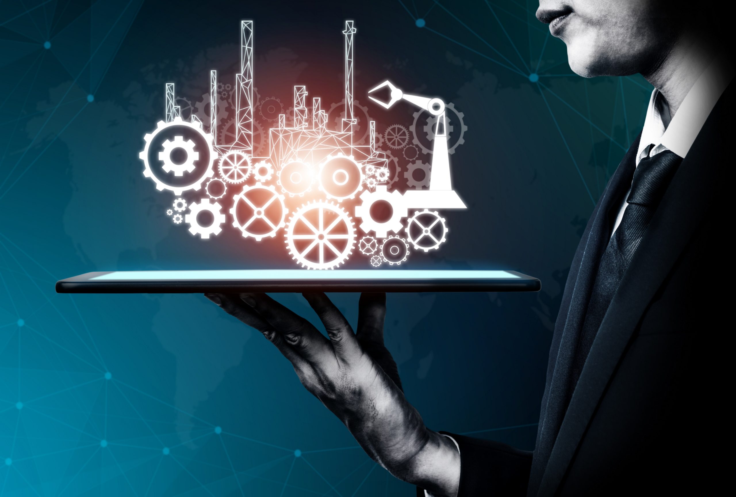 Futuristic industry 4.0 concept - Engineering with graphic interface showing automation design, robot operation, usage of machine deep learning for future manufacturing.